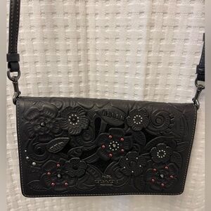 Coach Black Leather Floral Embossed Crossbody Bag